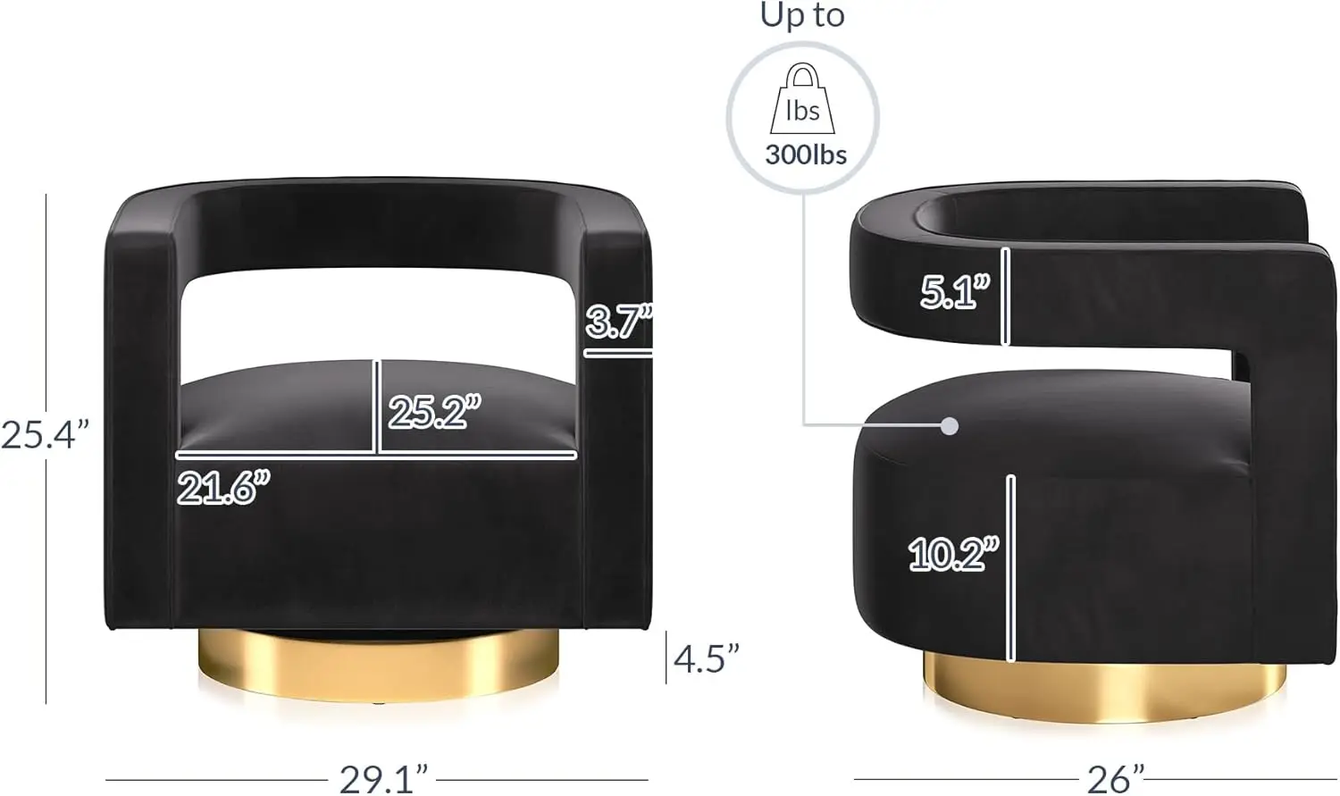 Swivel Barrel Accent Chair, Modern Velvet Armchair with Gold Base and Wood Frame, 360° Rotate, Black