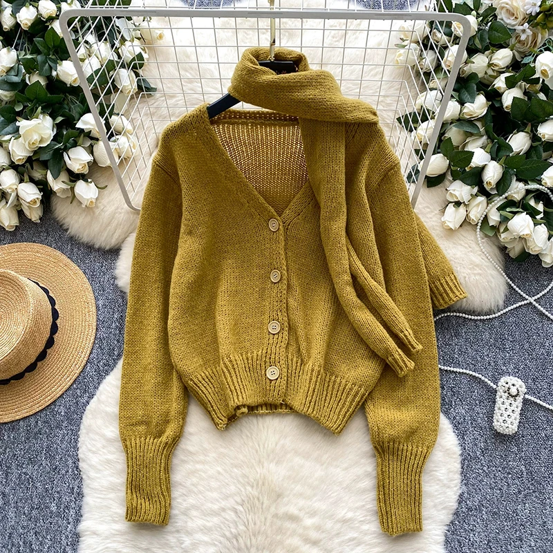 

Зимние повседневные вязаные пуловеры, женские свободные топы с v-образным вырезом и длинными рукавами + шарф, уличная одежда, осенние однотонные теплые кардиганы