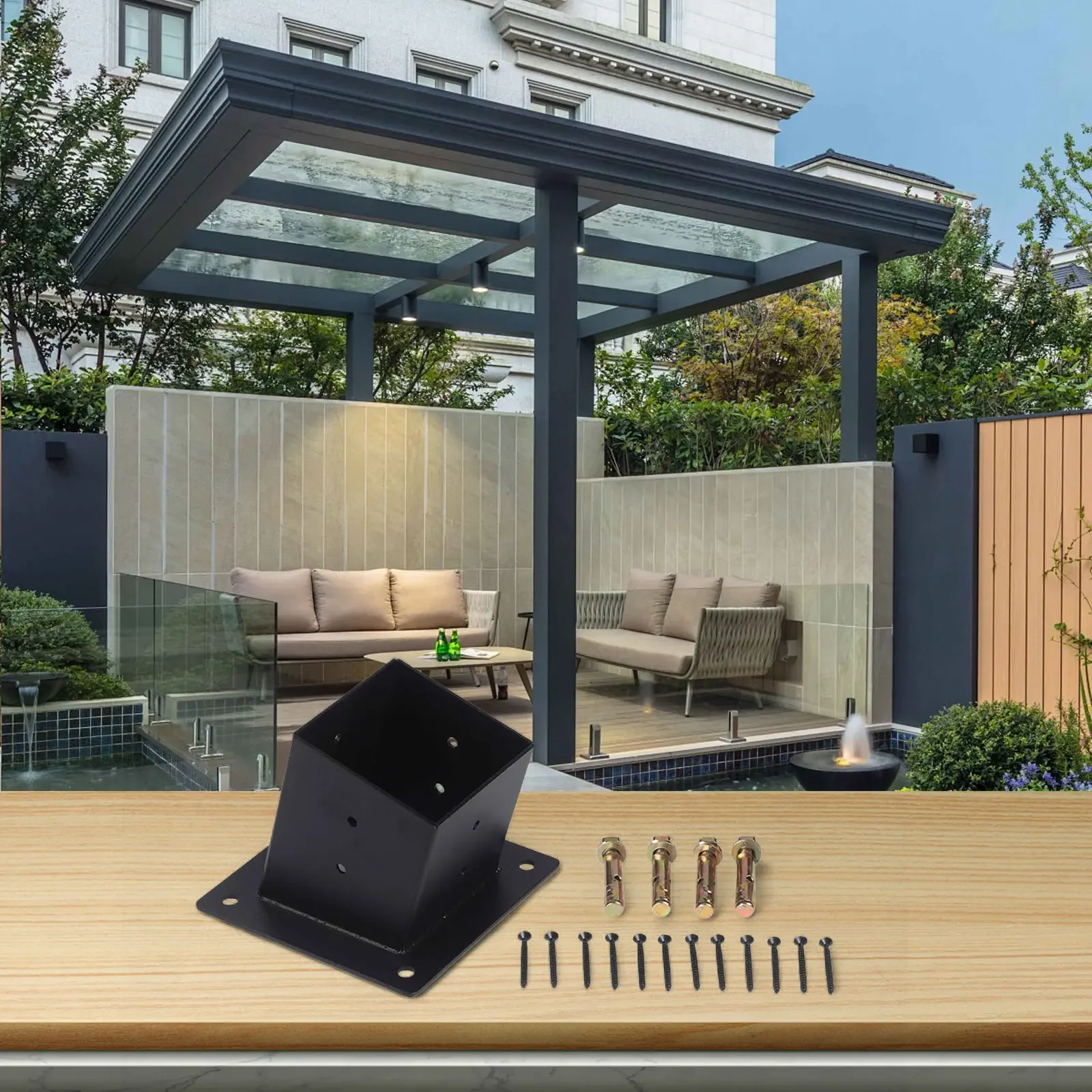 

Устойчивые кронштейны для наклонной перголы с креплением к стене для столбов 4x4 дюйма, включая необходимую монтажную фурнитуру