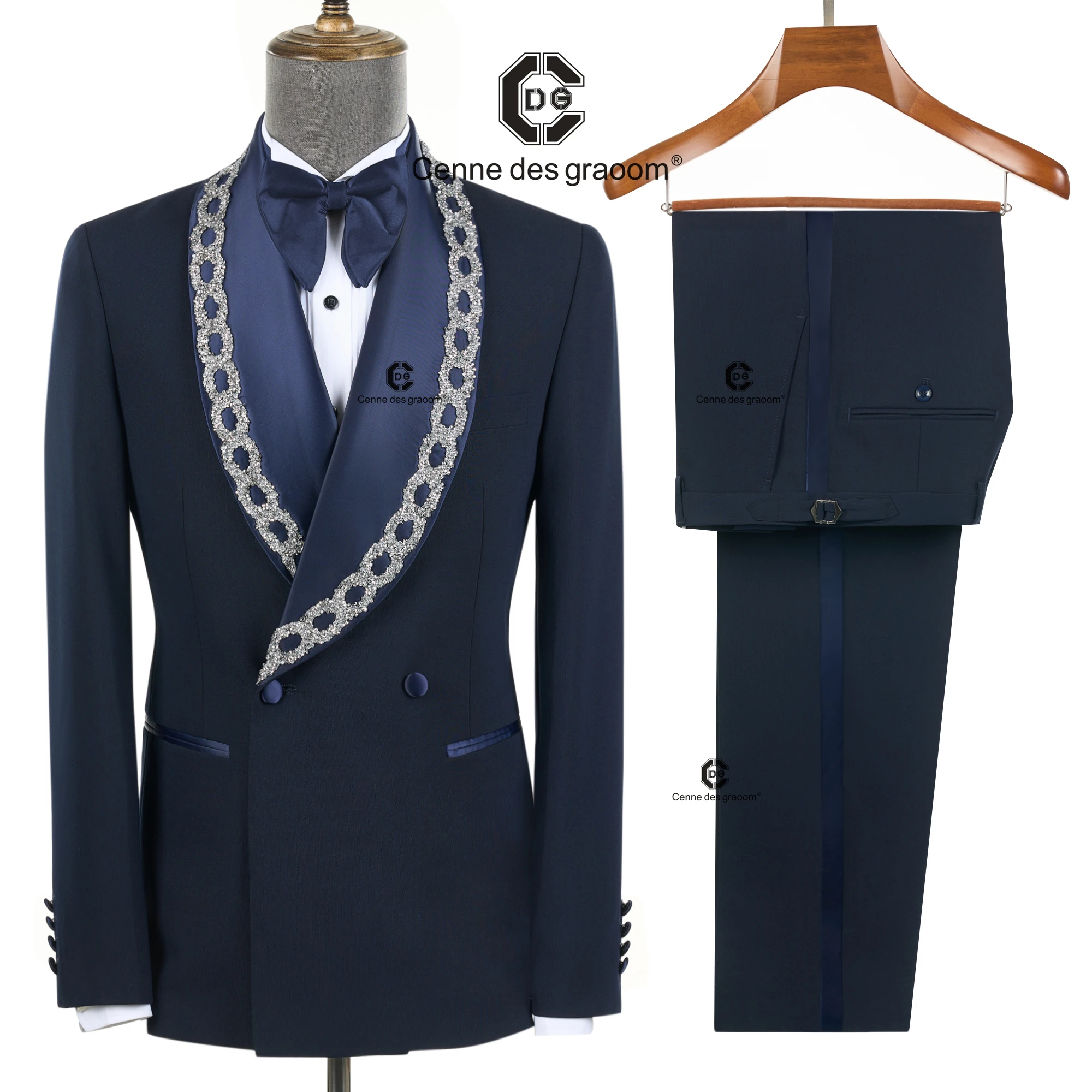 Cenne Des Graoom 2026 New Elegant Luxury Blue Double-Breasted Men Suits Jewelry Ornament Handmade Tuxedo for Wedding Party
