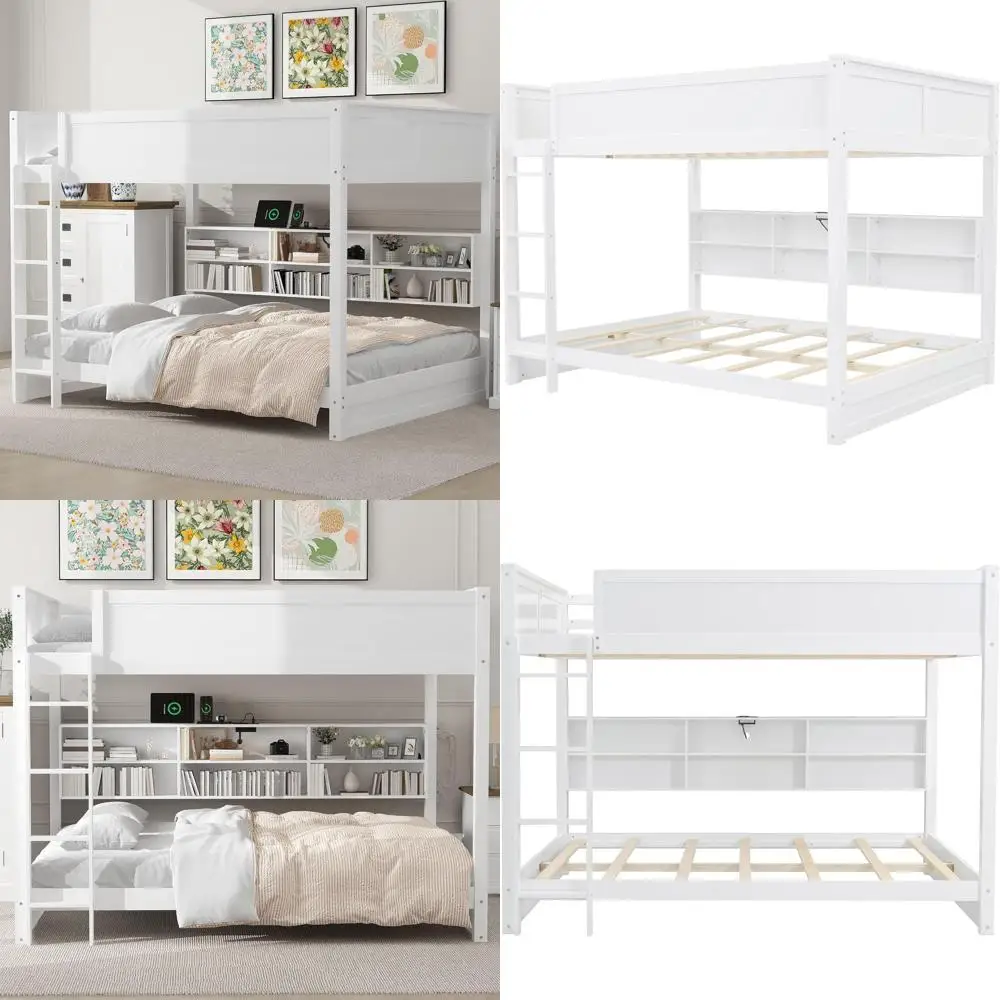 

Двухъярусная кровать Queen Over Queen из дерева с местом для хранения, лестницей, USB-портами и защитным барьером — экономия пространства для детей, подростков и взрослых (белая)