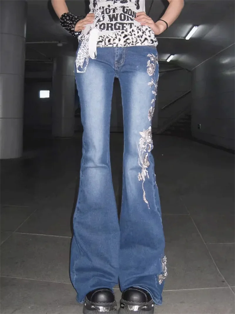 

American Retro High Street Rose Embroidered Micro Flared Jeans For Summer New Style Spicy Girl Elastic Tight Wide Leg Pants