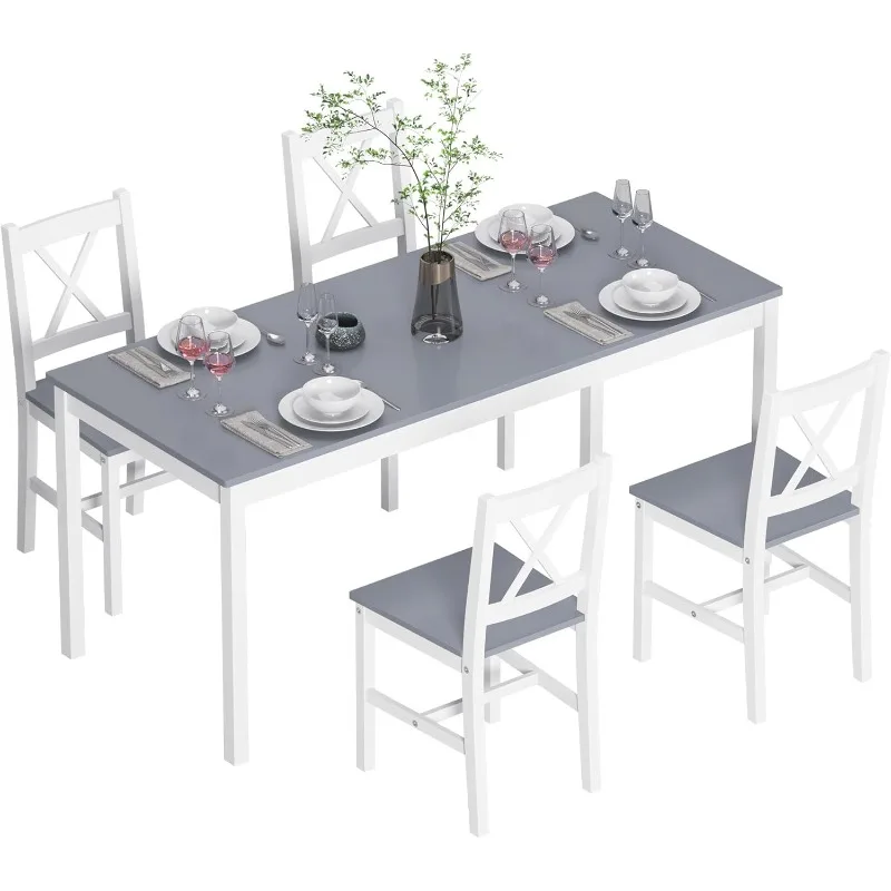 

5-Piece Wood Kitchen Dining Table Set with 4 Chairs for Kitchen Dining Room Restaurant Small Space, 47" Grey&White