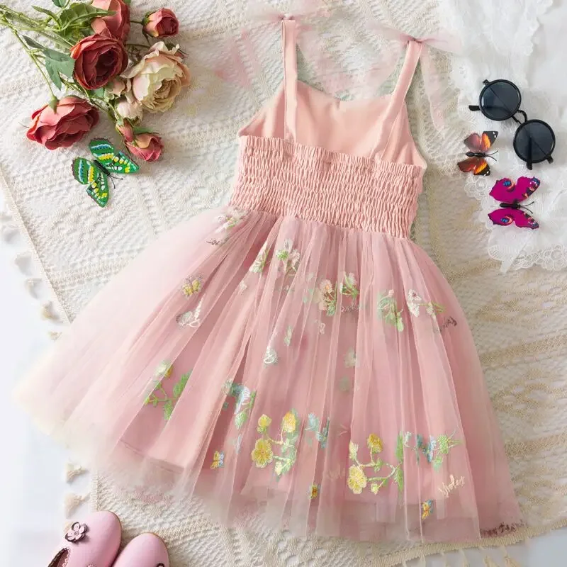 Flower Tuller Baby Girls Dress Sling Sleeveless Embroidery Mesh Bow Princess Dress Summer Beach Birthday Party Toddler Clothes