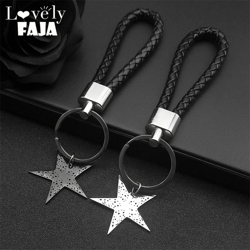 Vintage Zilveren Kleur Pentagram Holle Sleutelhanger Voor Dames Heren Rvs Star Moon Pu Lederen Touw Sleutelhanger Sieraden Cadeau