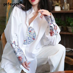 Spring Summer Chinese Style Vintage Embroidery Loose Casual Blouse Women Stand Collar Long Sleeve Elegantt All-match Shirt Tops