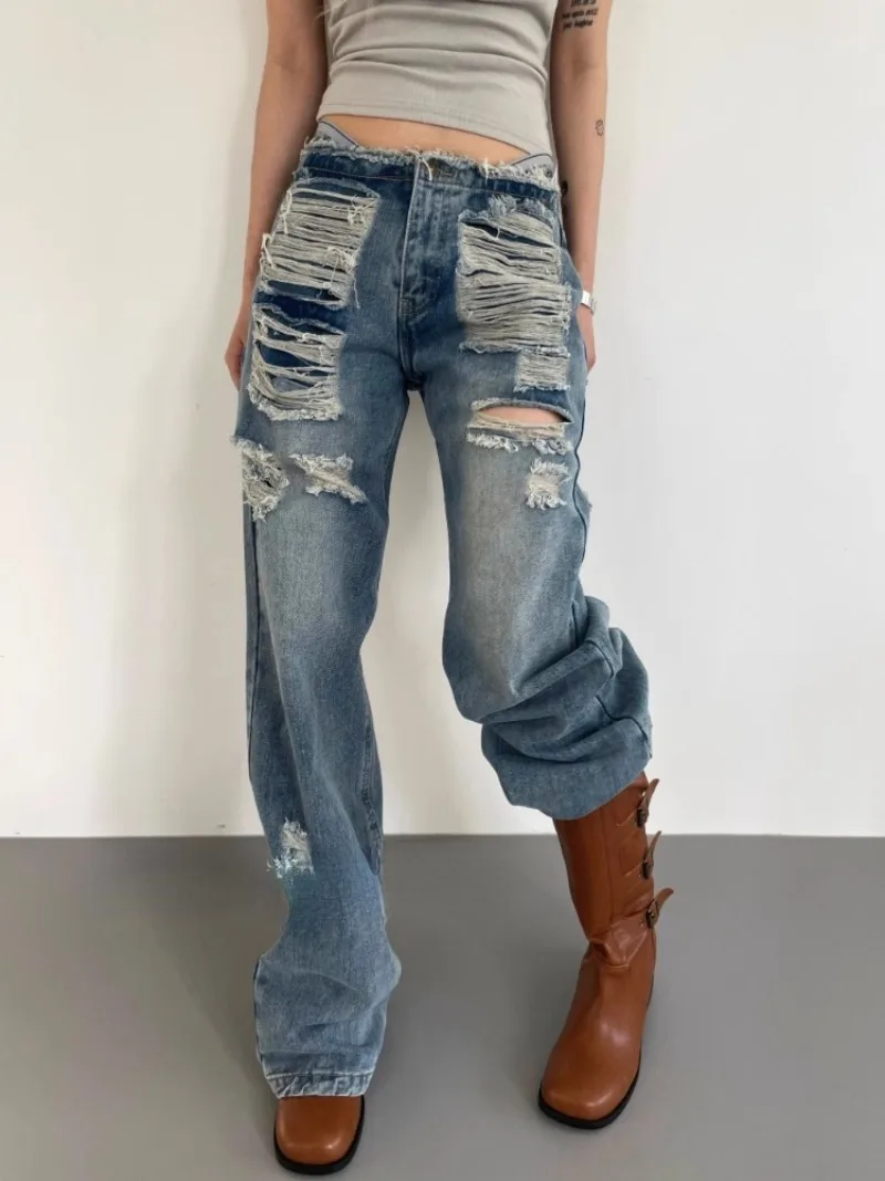 2024 nuovi Jeans blu con foro lavato per le donne Y2k Grunge pantaloni dritti in Denim a vita alta moda Vintage gamba larga allentata