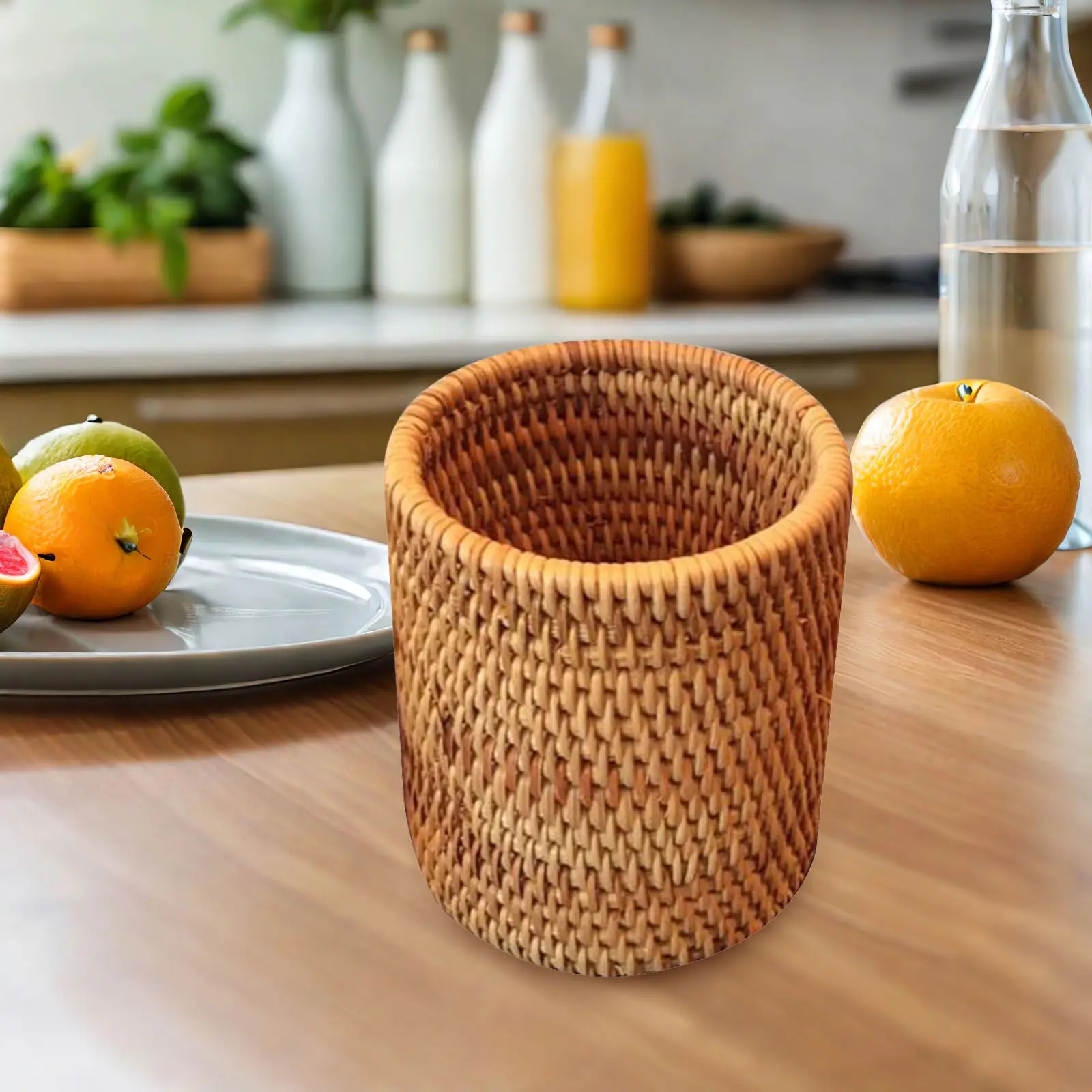 Round Woven Rattan Basket – Tea Set Storage, Utensils & Pen Holder, Handmade Wicker Canister for Home or Wedding