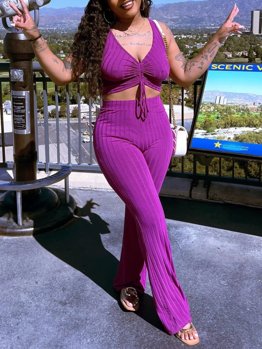 LW SXY Drawstring Flared High Waist Pants Set 2024 Women Summer Sleeveless Shirred V Neck Plain Two Piece Outfits Vacation Suit