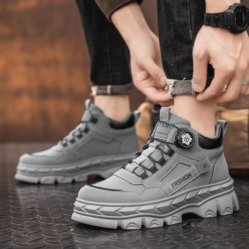 Men's High-Top Casual Sports Shoes Men Casual Sports Outdoor Hiking Trendy Comfortable Men's Mid Top Work Boots Chunky Lug Sole