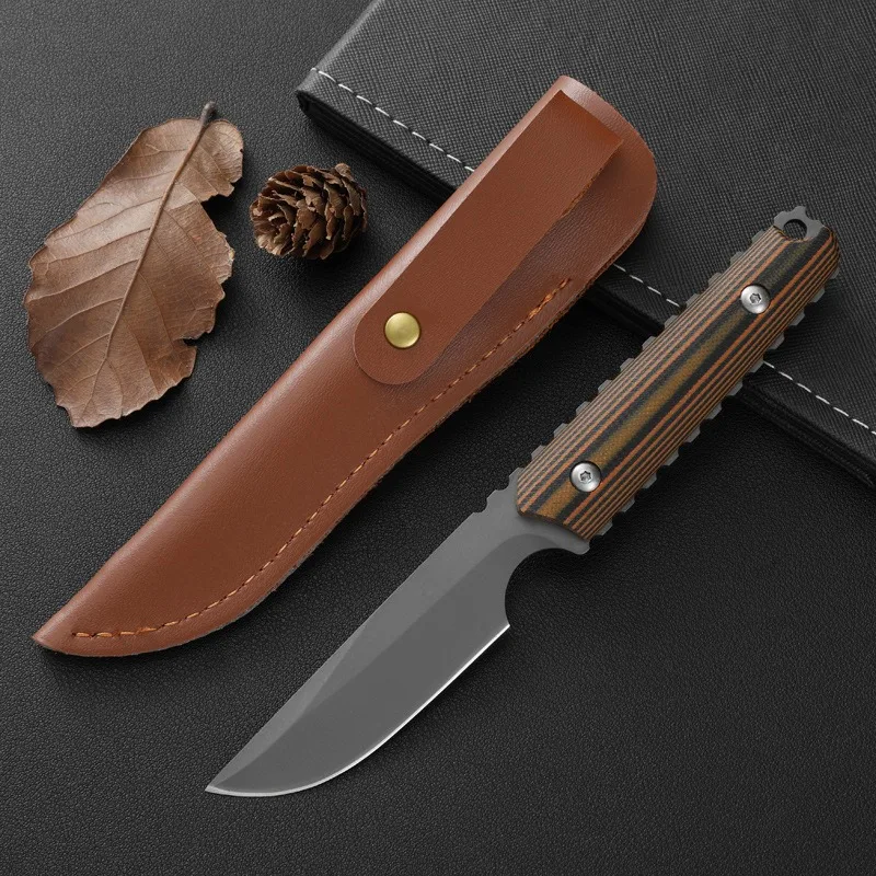 

5CR113Mov Steel Fixed Blade Knife G10 / Color Wood Handle Outdoor Camping Survival Straight Knifes Hand Tool With Leather Case