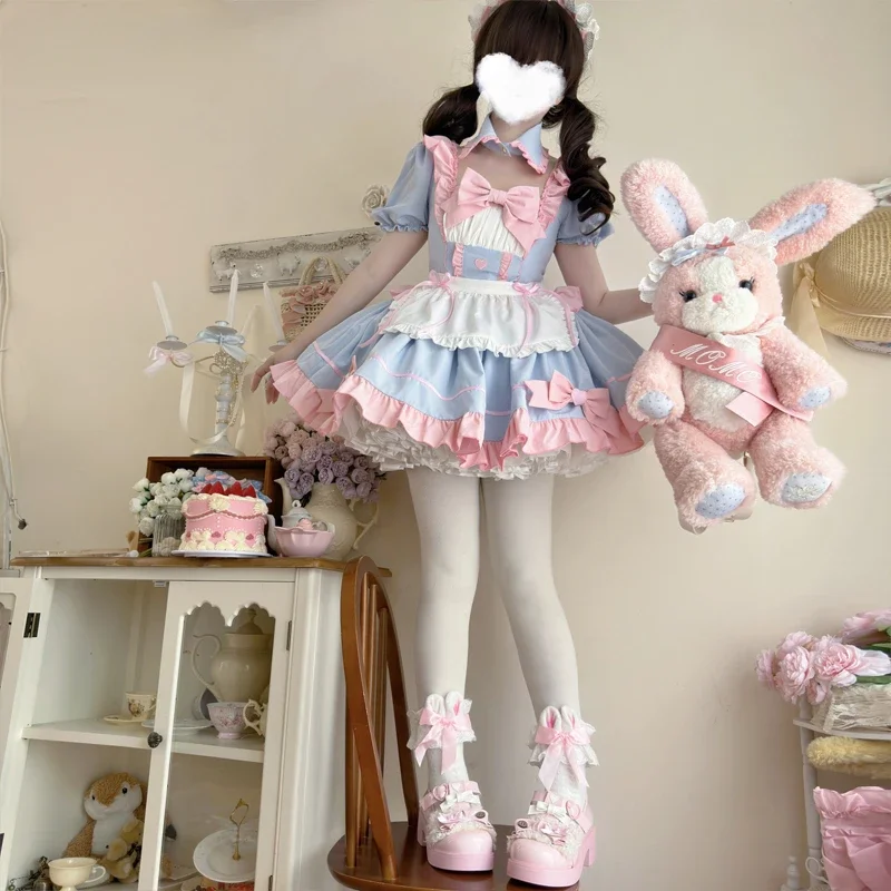 Conjunto de vestido de sirvienta de Anime Lolita para mujer, delantal dulce con lazo y manga abombada, disfraces de Halloween, vestidos de fiesta, vestido gótico bonito para niñas