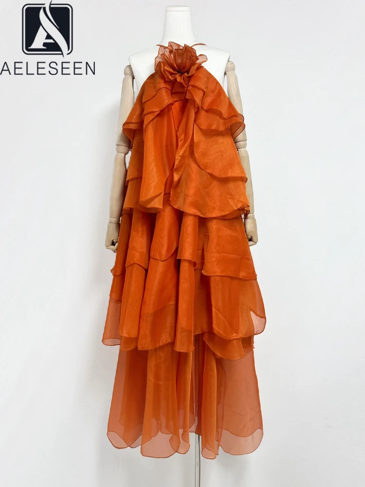 

AELESEEN 2025 Spring Summer Midi Dress Women Neck Backless Sexy 3D Flower Layers Ruffled Halter Casual Party Vacations
