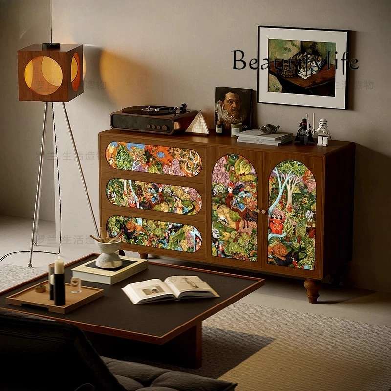 

French retro style abstract solid wood chest cabinet storage decorative cabinet living room sofa storage integrated cabinet