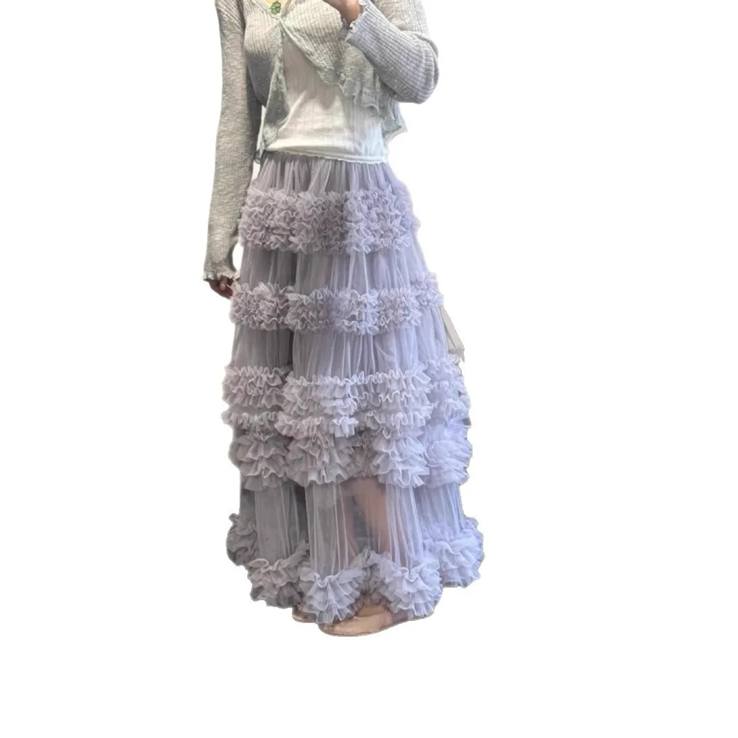 2025 Nieuwe Niche Fee Sfeer Lange Koreaanse Stijl Mesh Patchwork Gelaagde Taart Halve Rok voor Vrouwen Stapelen Damesmode