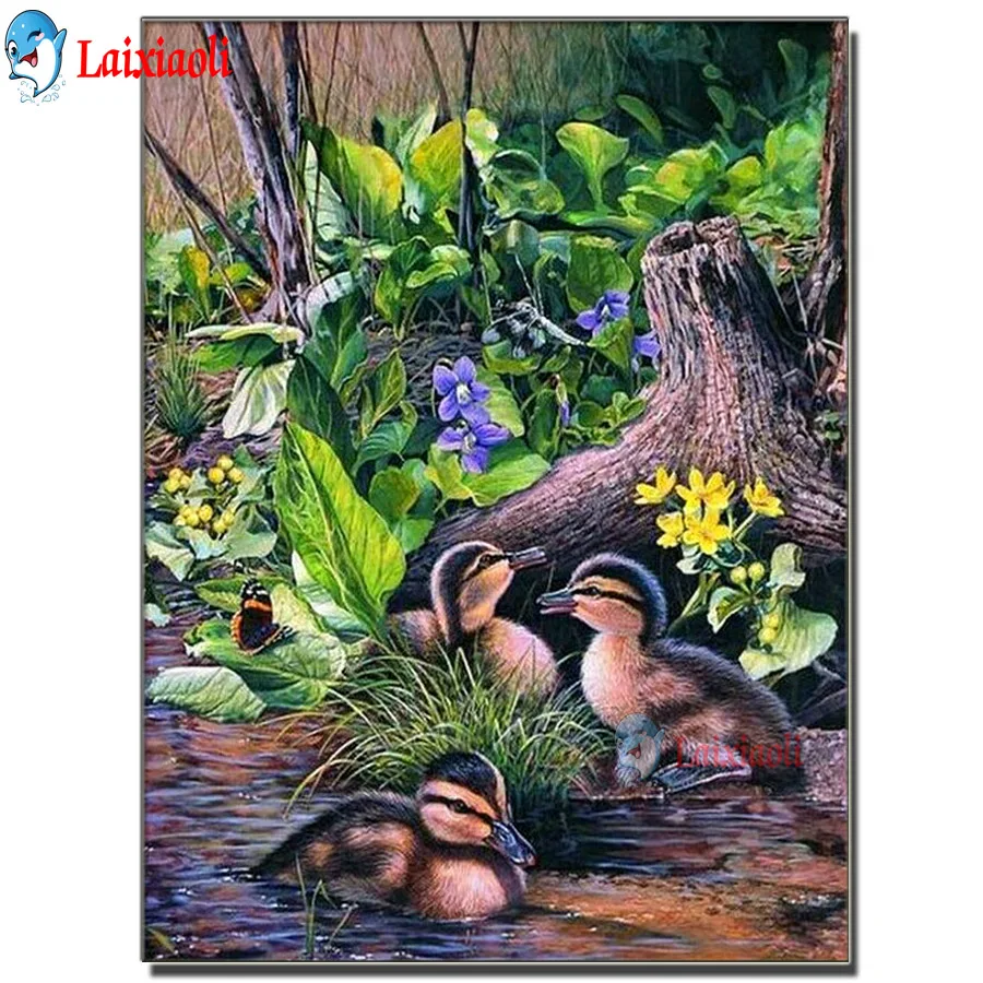 5D Diamond Painting Three Ducklings by the River Bank Kit  DIY Cross Stitch 5D Diamond Embroidery Rhinestone Pictures Wall decor