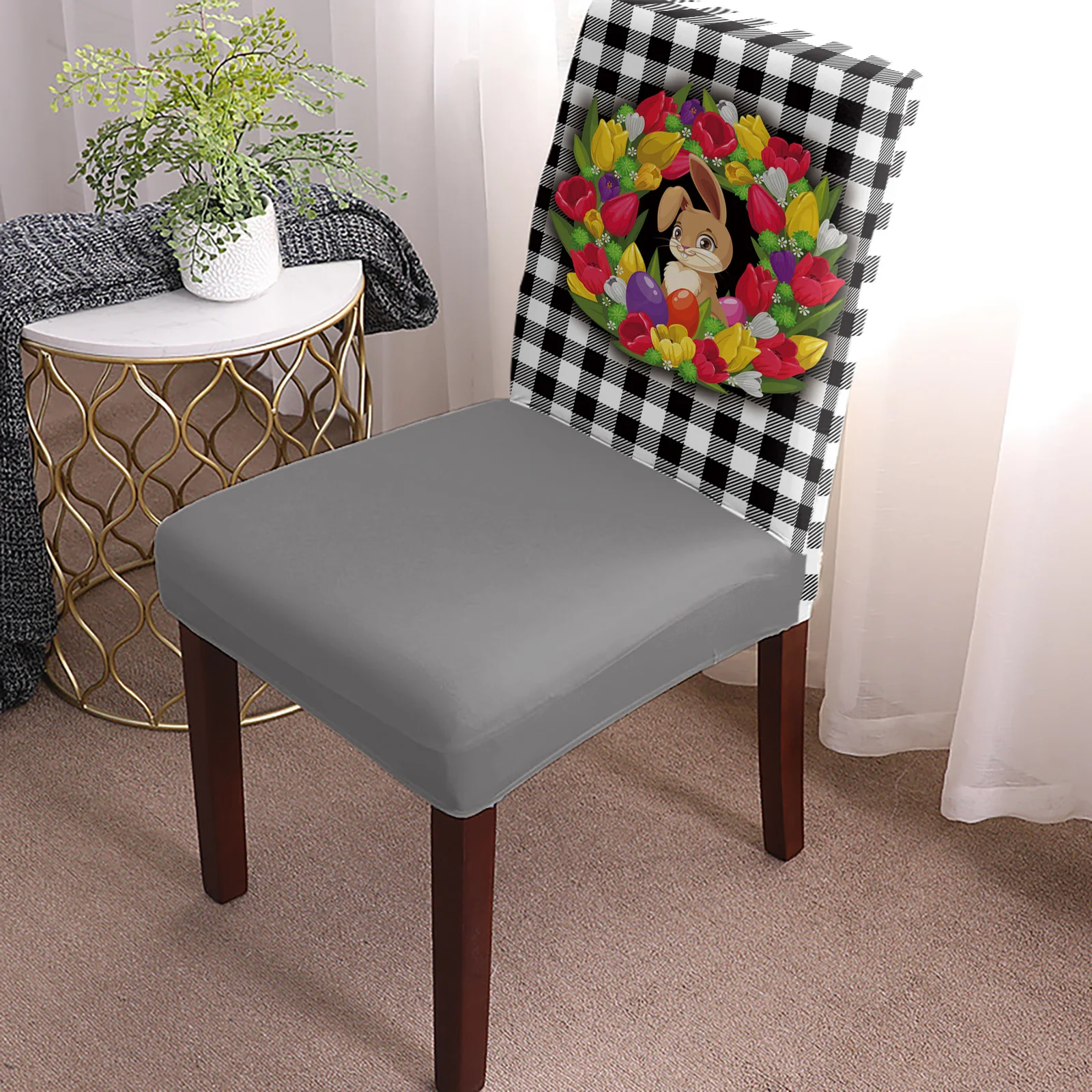 Easter Checkered Flower Rabbit Wood Grain Chair Cover Dining Spandex Stretch Seat Covers Home Office Decor Desk Chair Case Set