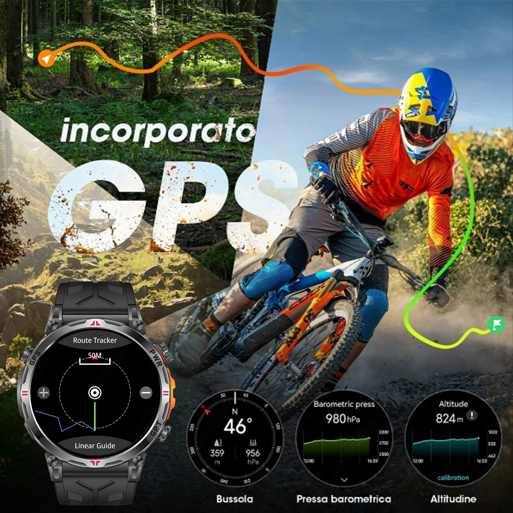 Reloj inteligente GPS de grado militar para hombre, pantalla AMOLED, batería de 500mAh, 5ATM, resistente al agua, monitoreo de salud deportiva, relojes de llamada Bluetooth