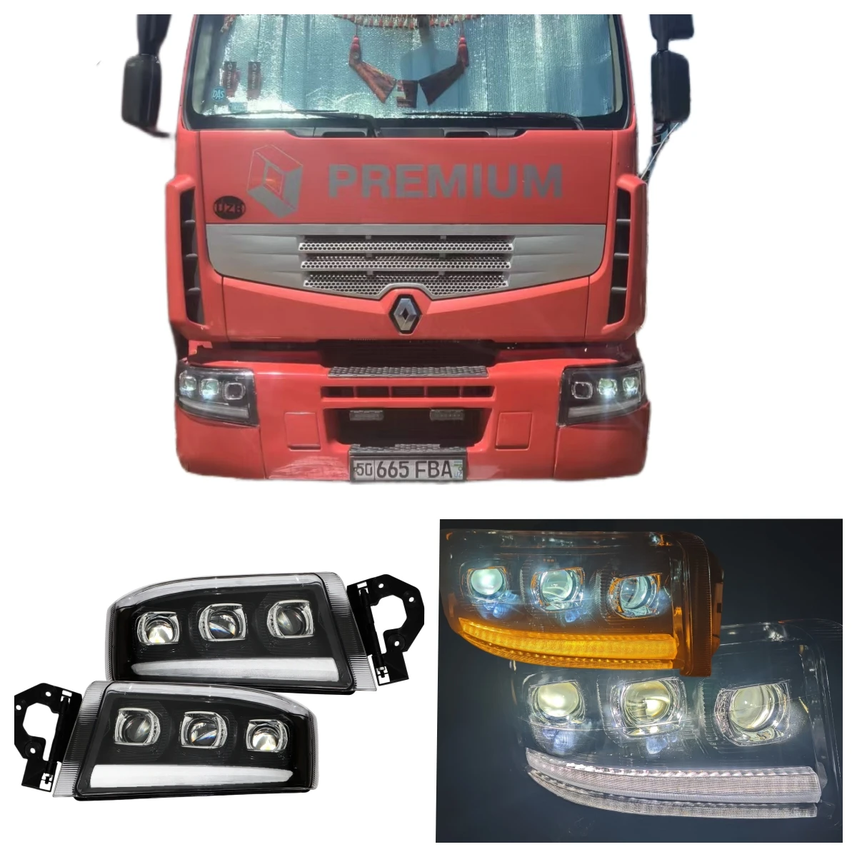 24V 1Pcs Full LED Headlight compatible with Renault Premium Heavy lorries Upgraded Dynamic DRL+ Triple Lens Truck Accessories