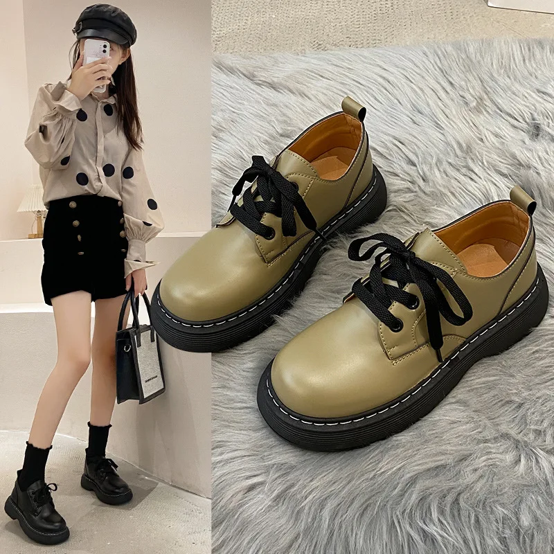 

Leather Shoes Women Nice Spring Japanese Lace-up Platform Flats Casual Shoes Women Retro Leather Boots Zapatos De Mujer