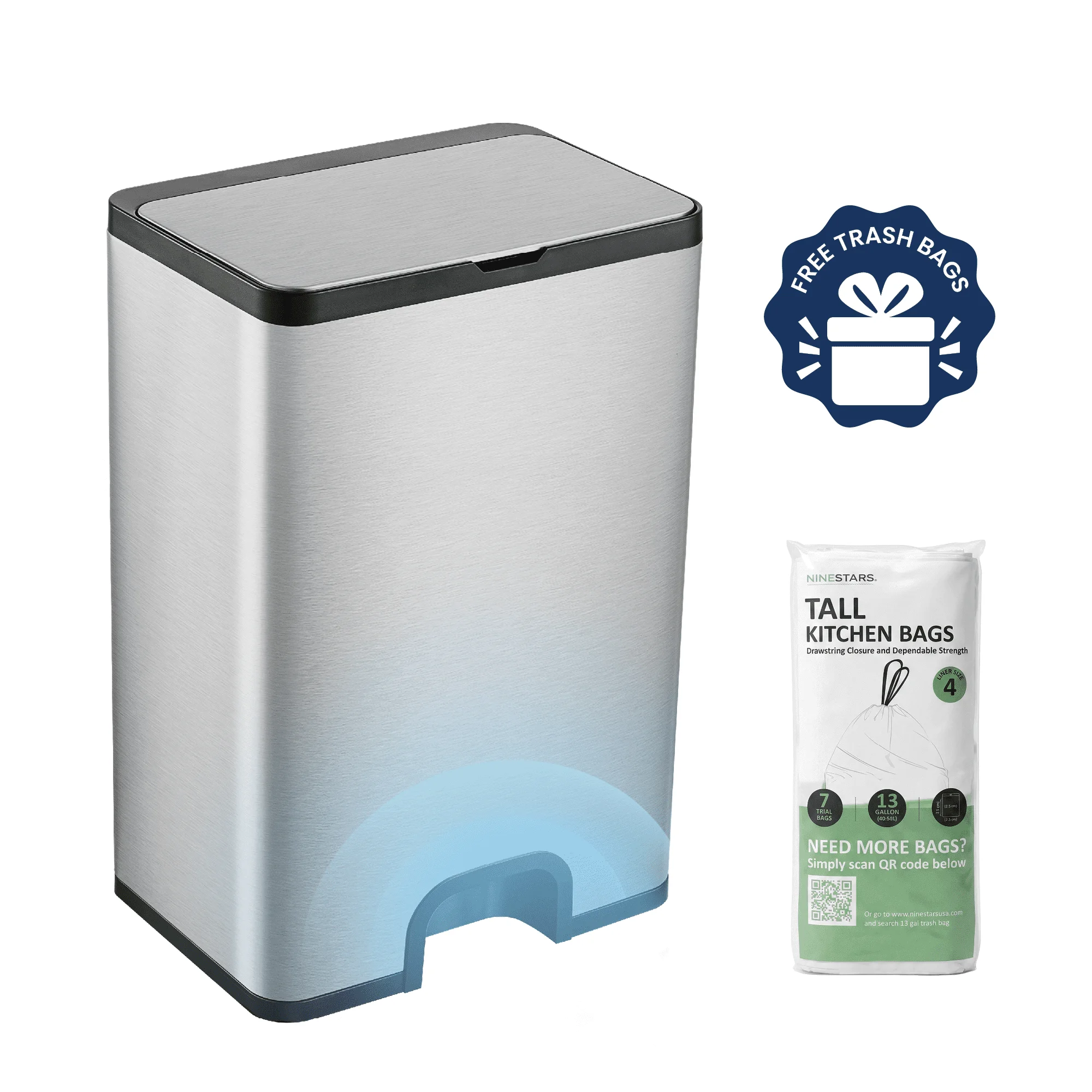 

Ninestars Automatic Trash Can, 13 Gallon Stainless Steel, Foot Motion Sensor Garbage Bin with Soft Close Lid, Silver