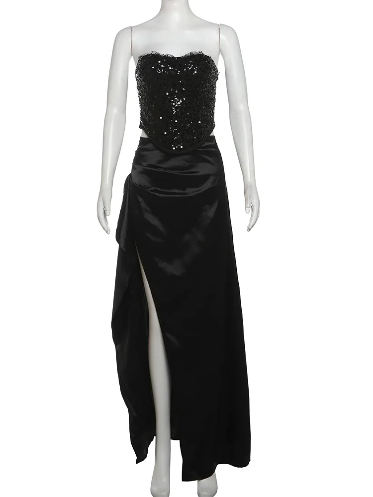 Leosoxs Prom Elegante Set da 2 pezzi Donna Paillettes Patchwork Top a tubo senza schienale + Spacchi increspati Gonne lunghe abbinate al vestito di tendenza sexy