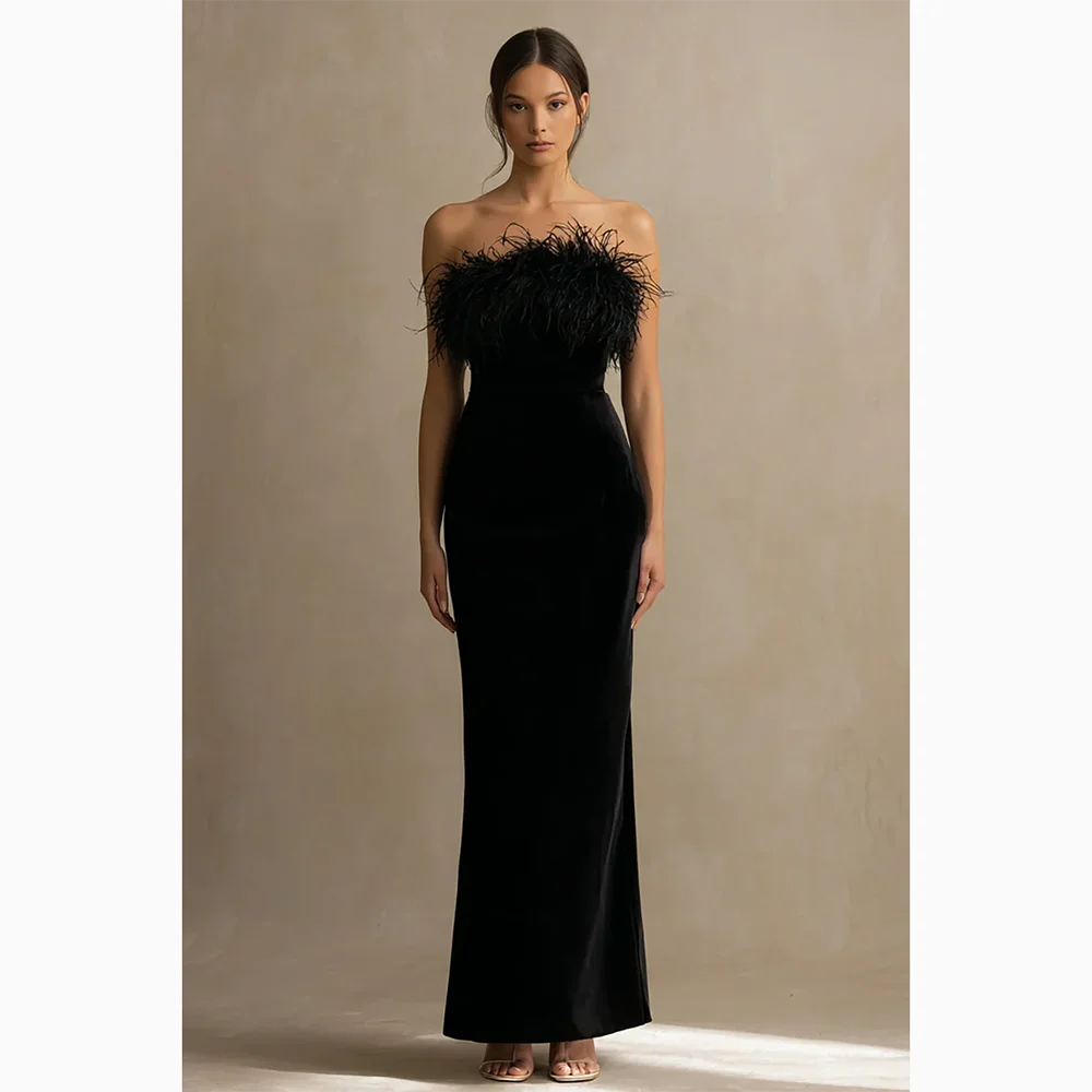 

Luxury Black Evening Dress Customized Strapless Feather Straight Ankle Length Prom Gown Elegant Formal Party Dresses