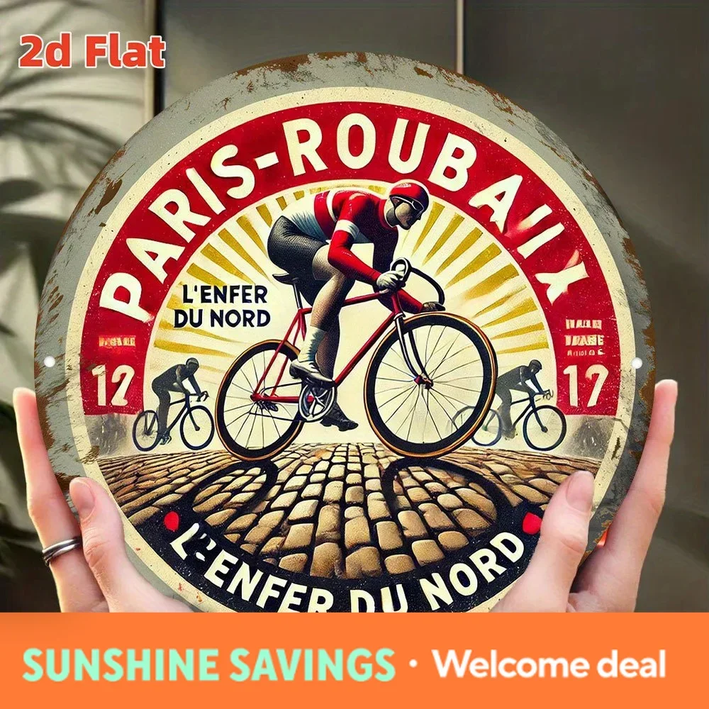 Letrero redondo vintage Paris-Roubaix L'Enfer Du Nord, arte de pared metálico retro con efecto envejecido de carrera ciclista en carretera de adoquines, estilo rústico B