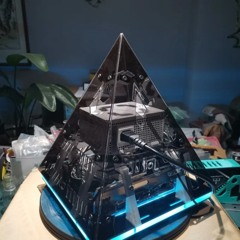 Mini chassis pyramid itx main board knife card single slot sfx power supply replaceable dc plus fan or 3.5 hard disk