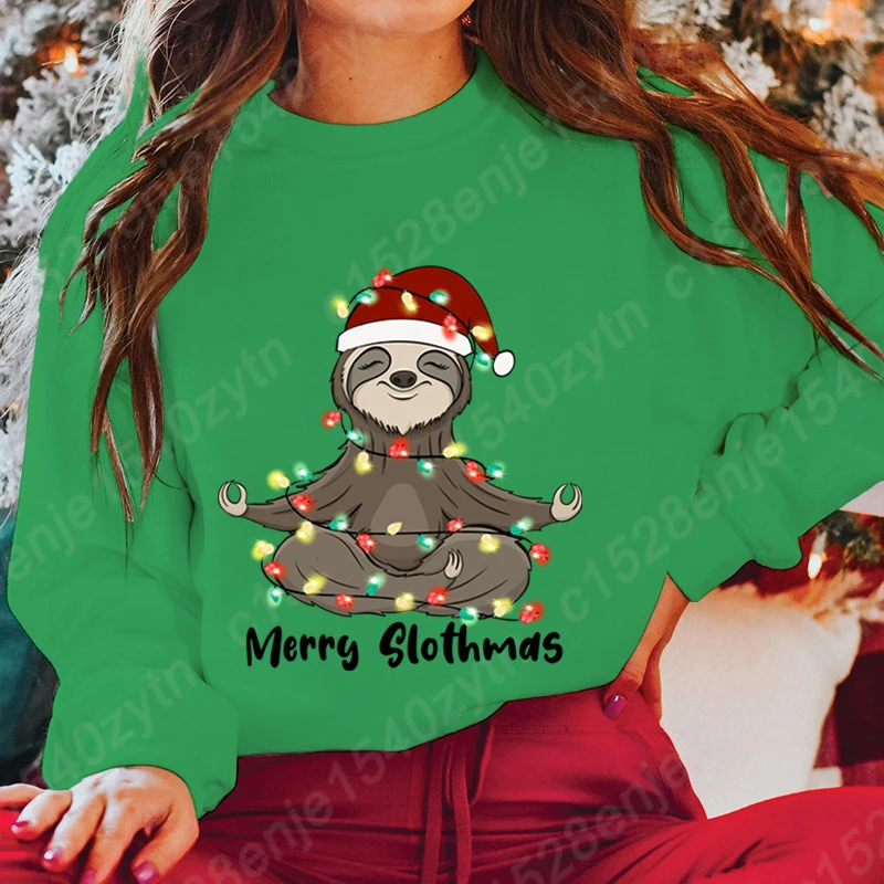 Christmas Light Sloth Merry Slothmas Print Hoodless Pullovers Women Autumn And Winter Solid Color Tops Fashion Ladies Sweatshirt