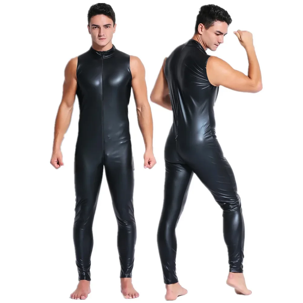 M-3XL Men Wetlook Faux Leather Double Zipper Open Crotch Pvc Bodysuit Gay Hot Lingerie Latex Catsuit Fetish Wear Sexy Costume