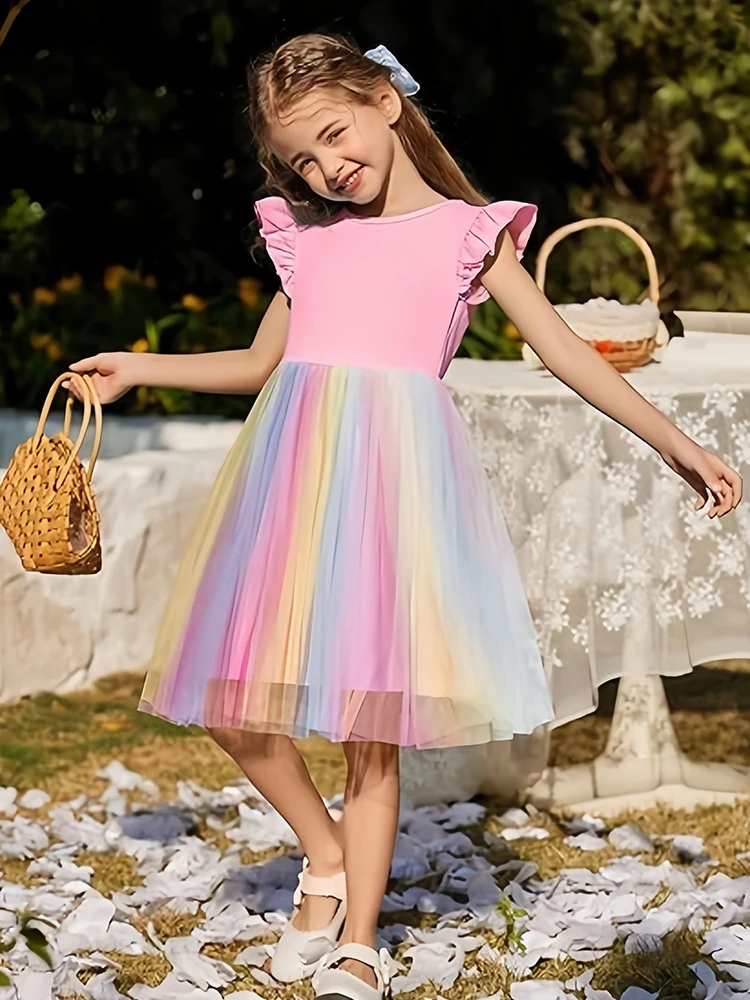 Baby Girl clothes Toddler Kids Baby Girl Tulle Dress Floral Lace Ruffle Sleeve Pink Tutu Princess Dresses Wedding Birthday Party