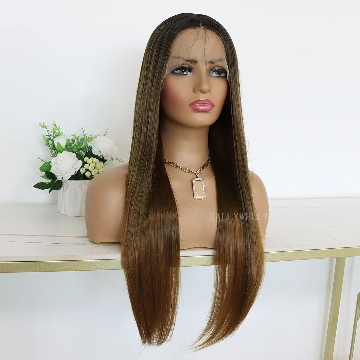 Long Straight Dark Brown Wigs for Women Synthetic Lace Front Wig Ombre Brown Glueless Heat Resistant Fiber Hair Wig