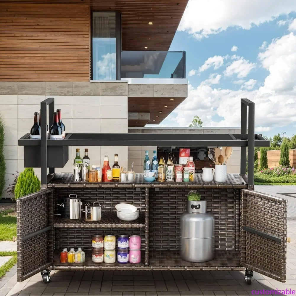 

Portable Outdoor Kitchen Island with Rolling Cart, Storage, and Bar Table on Tempered Glass Top, 110 lbs Capacity
