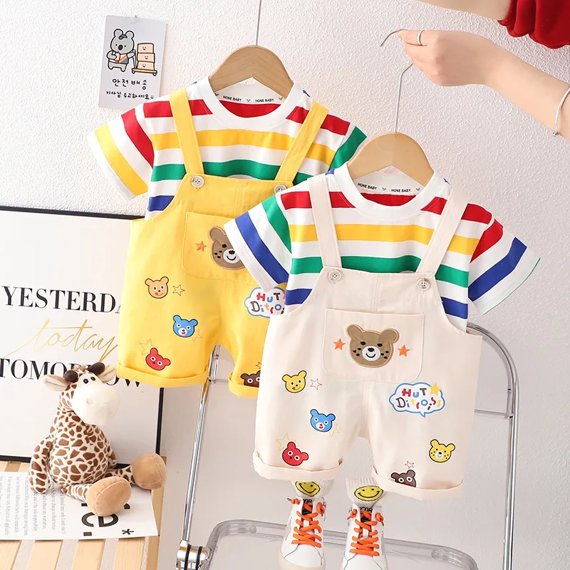 Children Summer Baby Boys/Girls Clothes Strips Bear T-Shirt Bib Pants 2Pcs/Set Kids Fashion Toddler Clothing Tracksuits 0-4Years