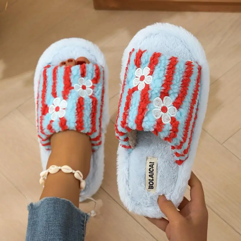 Herbstliche koreanische gestreifte Plüsch-Baumwoll-Hausschuhe für Damen – Patchwork-Fleece-Schuhe mit weicher Sohle, offene Zehenpartie, warme Fell-Hausschuhe, Größe 45 – Detail 7