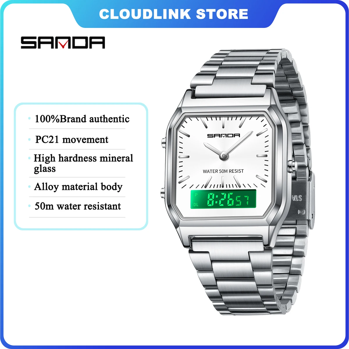 Fashion Sanda 747 Couple Quartz Digital Watch Waterproof Casual Wear-resistant Stainless Steel Square Led Digital  Dual Movement