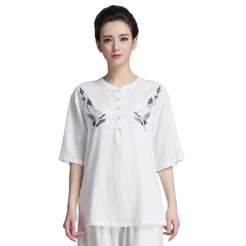 Summer Tai Chi Clothes Women Short Sleeve Wushu Clothing KungFu Dress Martial Art Uniform Embroidery Breathable Cotten And Linen