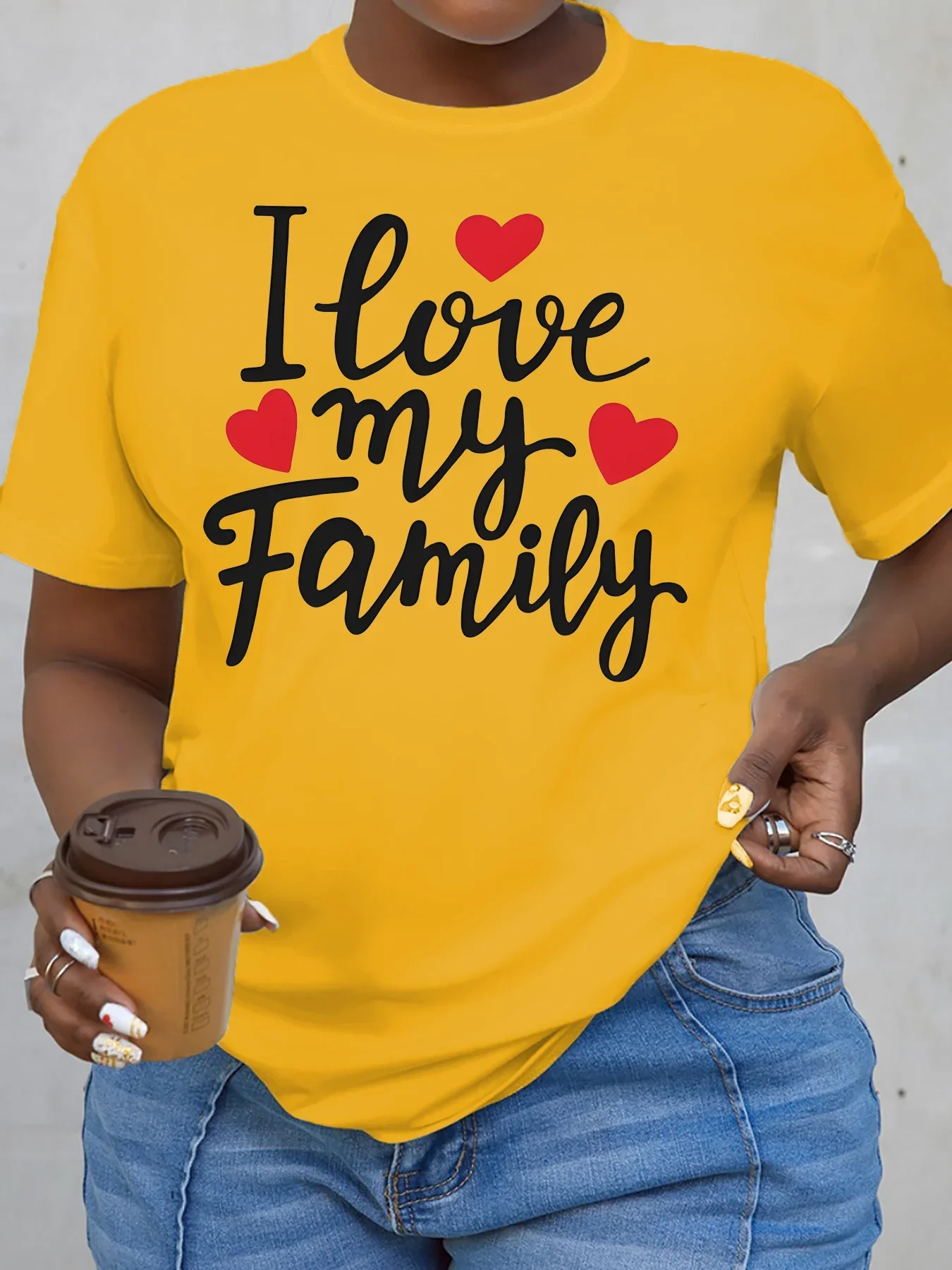 T-shirt à manches courtes et col rond pour femme, haut décontracté, avec lettres imprimées, I Love My Family, grande taille, Y2K, été