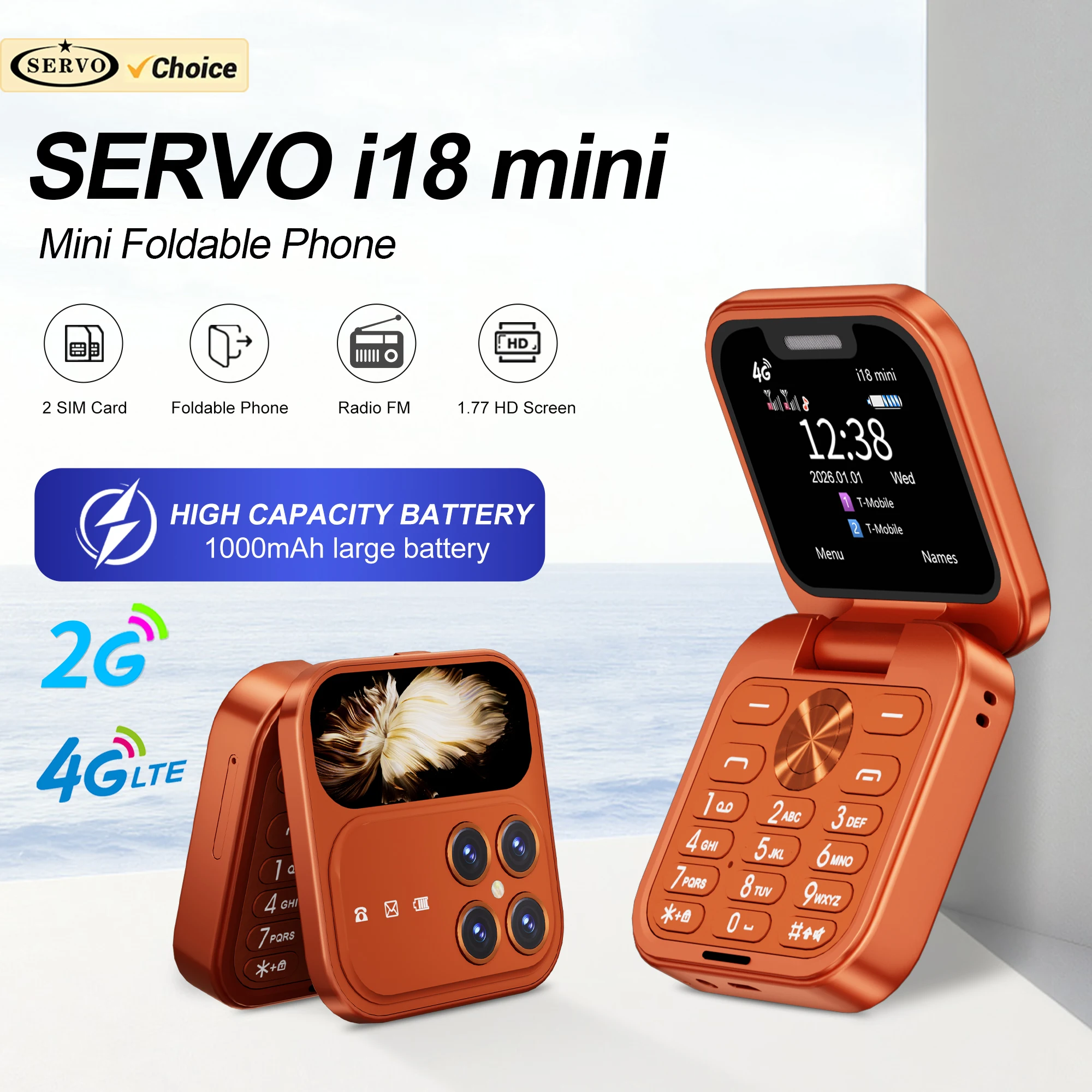 SERVO i18 mini 2G GSM/4G LTE Network Flip Mobile Phone 1.77-inch Screen Dual SIM FM radio Flashlight Blacklist Mobile Phones
