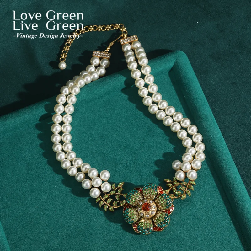

Vintage Big Flower Necklace Pearl Gold Color Rhinestone Luxury Pendant Jewelry Designer Wedding Bridal Accessories Statement