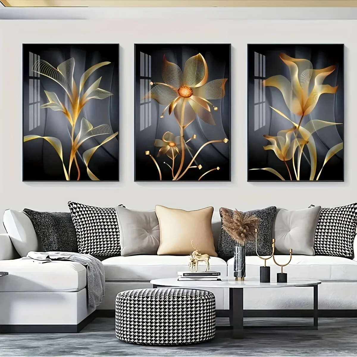 

2D/Flat 3pcs Canvas Poster Set, Featuring Modern Art and Golden Flower Leaf Wall Art Canvas Painting Ideal for Living Room Decor