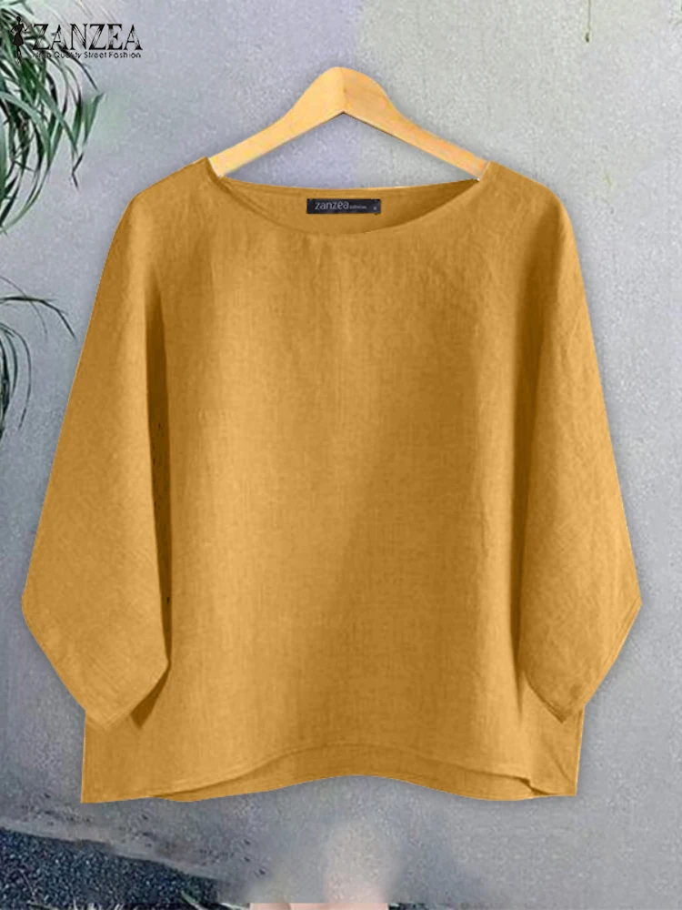 

Casual Women Blouses ZANZEA Summer Solid Work Shirts Elegant O Neck 3/4 Sleeve Blusas Mujer Vintage Loose Tops Oversize Chemise