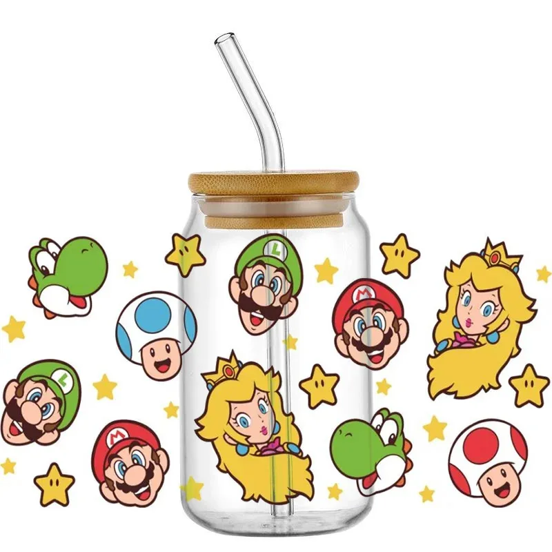 

New Cartoon Plumber Mario Series Transfer UV DTF Cup Wrap Sticker for 160z Libbey Glasses DIY Waterproof Sticker Wholesale price