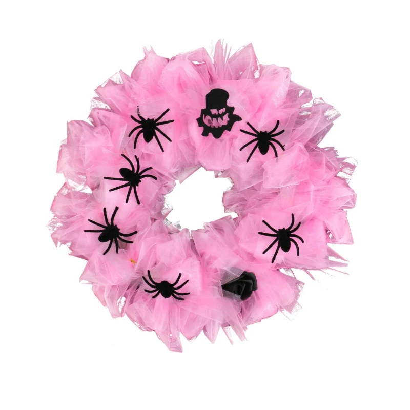

Halloween pink mesh spider garland door hanging holiday decoration flower ring party atmosphere decoration props