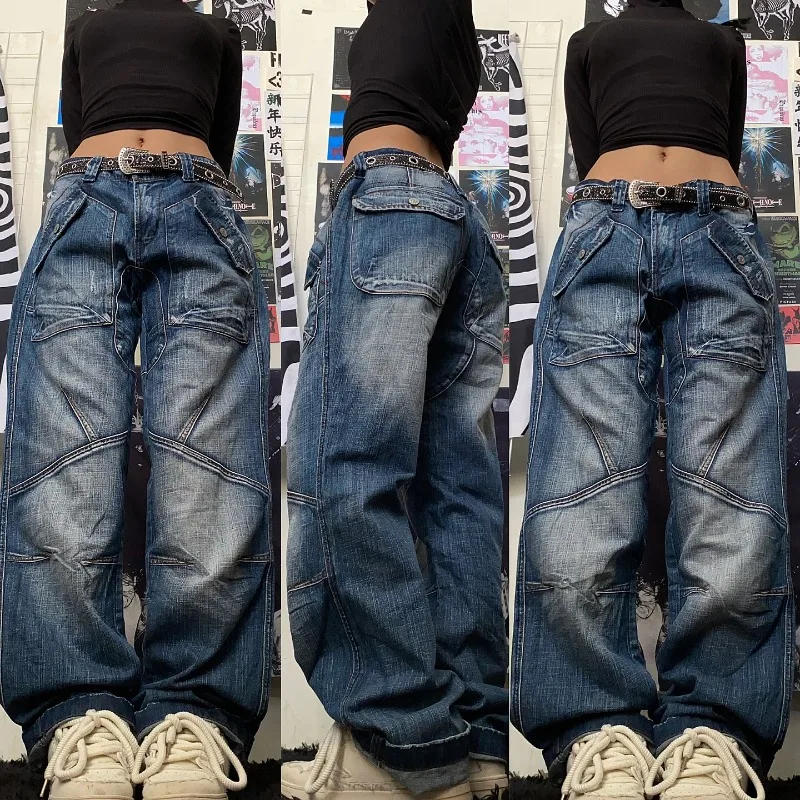 Celana Jeans Wanita Model Y2K Street Fashion, Warna Biru Washed, Jahitan Longgar, Gaya Korea Vintage Kasual, Joker, Pinggang Tinggi, Potongan Lurus Lebar