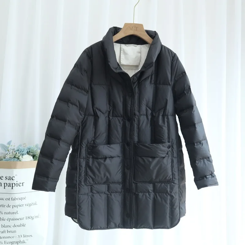 Doudoune mi-longue à col montant pour femme, vêtement d'extérieur léger, avec ourlet à la mode, duvet de canard blanc, de luxe, nouvelle collection automne hiver