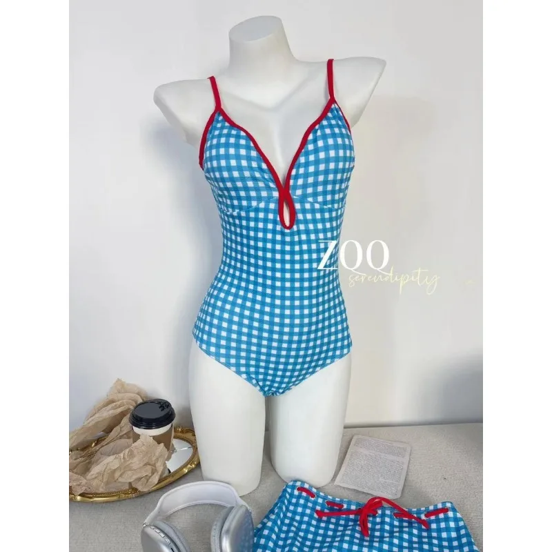 New Blue Plaid One-piece Swimsuit Women's Split Comes To A Two-level Piece Set Pure Desire Chest Pad Swimwear Outfits Summer