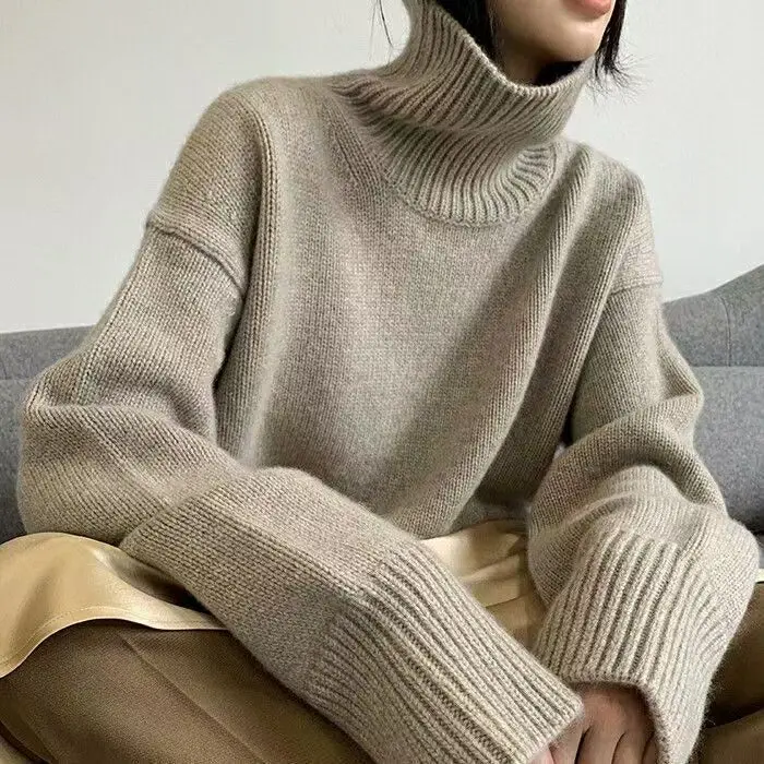 High Neck Soft Waxy Sweater Women's Pullover 2022 Autumn and Winter Wear High Grade Loose Versatile Slouchy Knit Backing Shirt