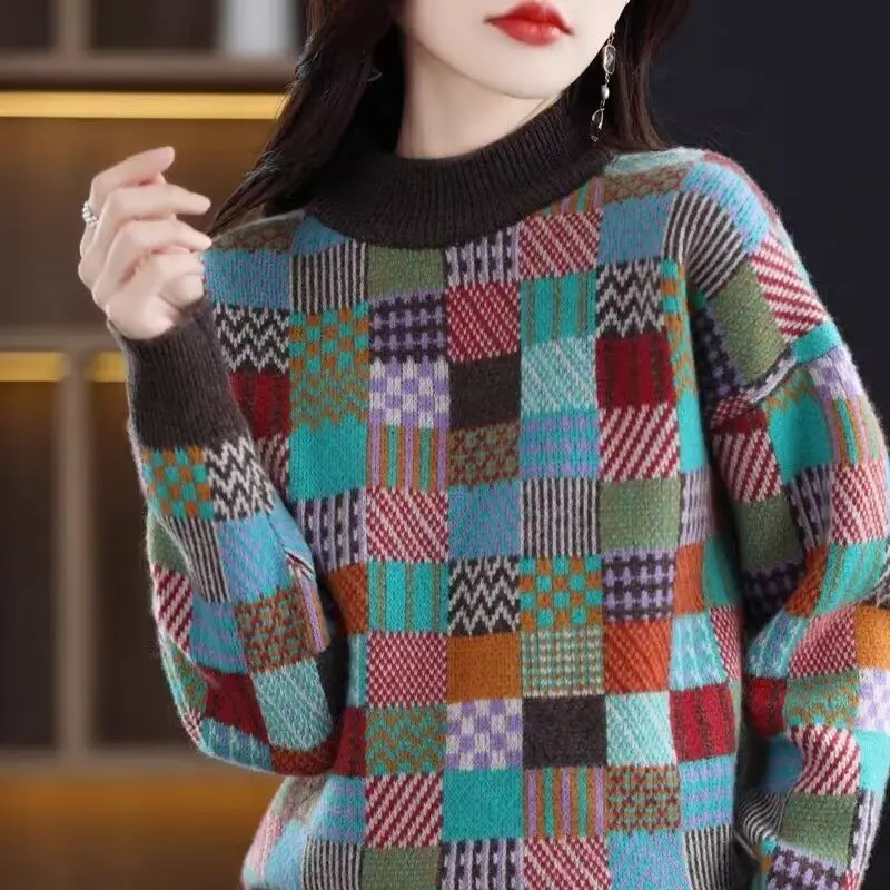 Half High Neck Contrasting Checkered Knitted Sweater Women's New Loose Jacquard Knitted Base Sweater